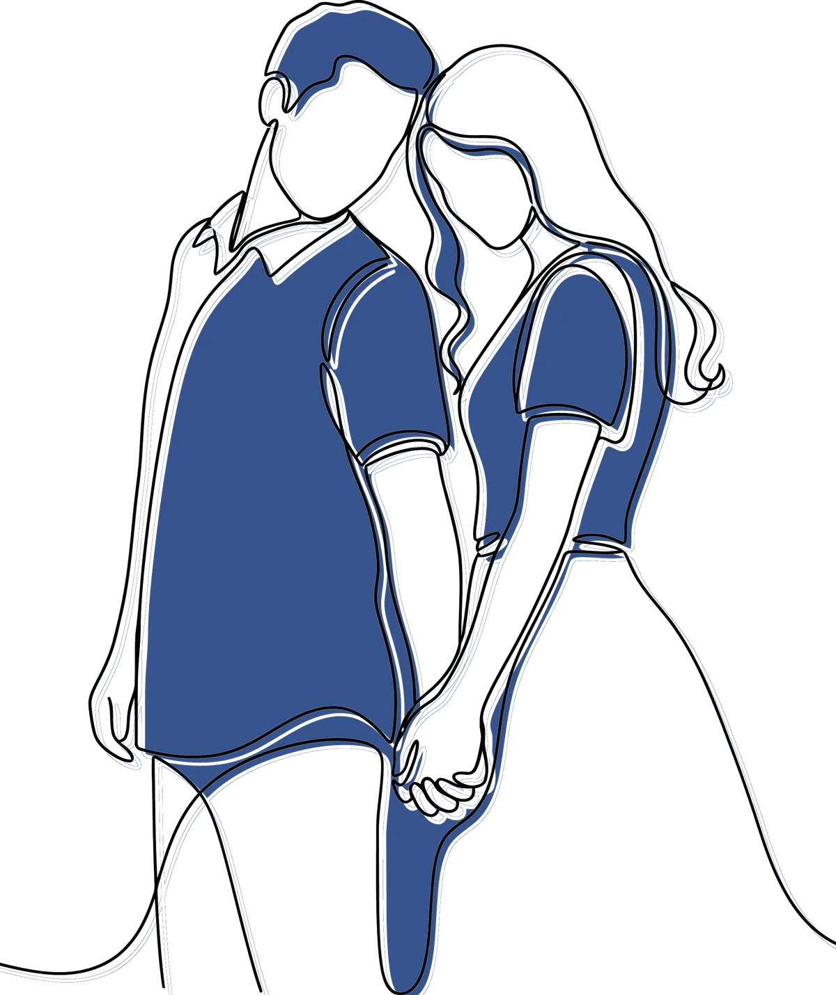 Line drawing of a couple standing close together holding hands, in blue