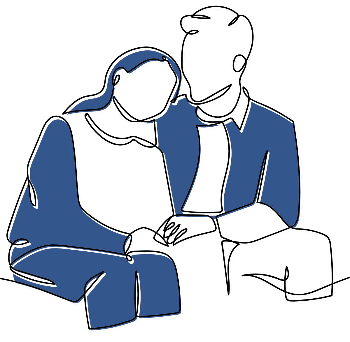 Line drawing of a couple sitting close, one resting their head on the other's shoulder
